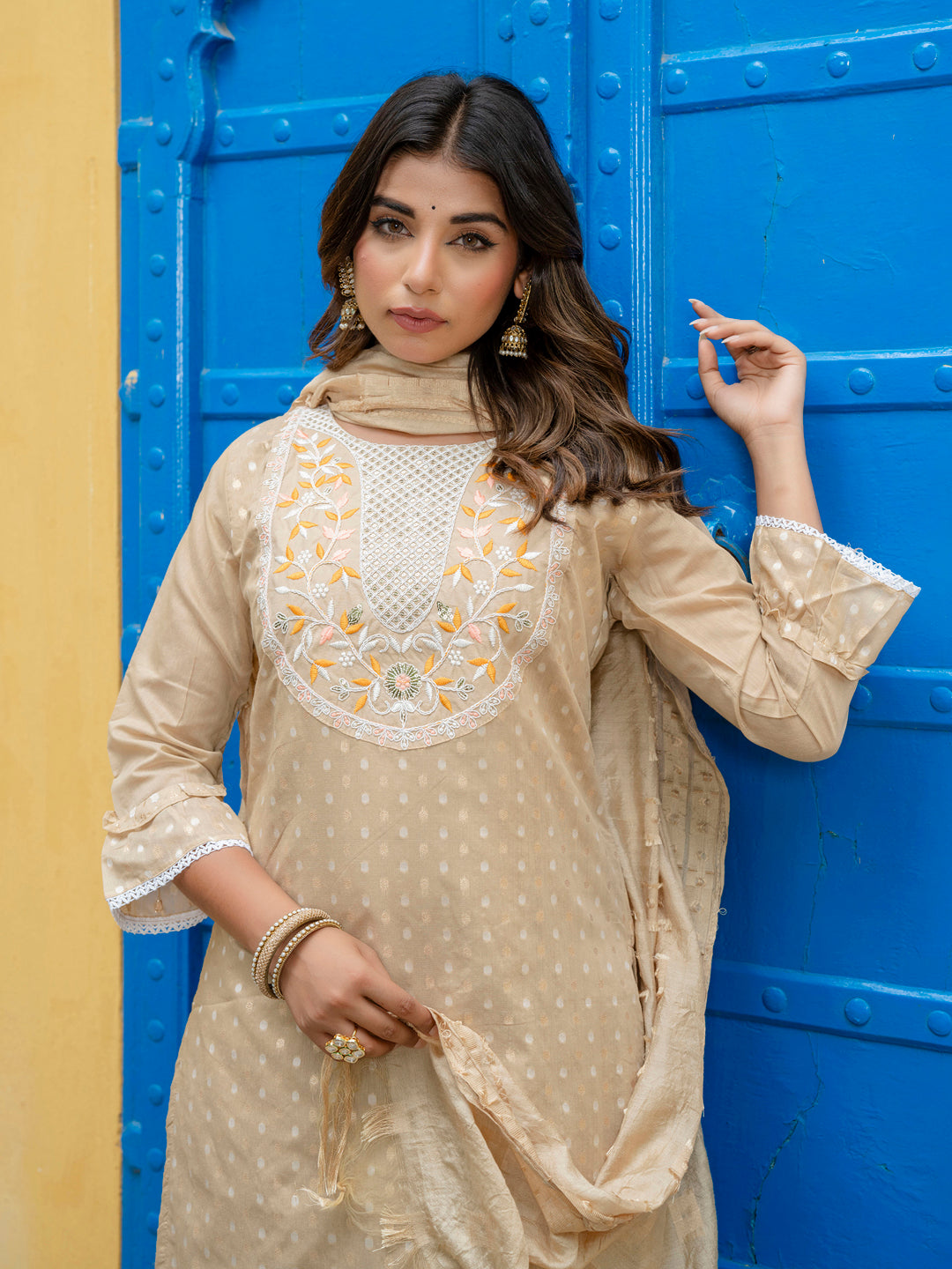 Varnika Chanderi Silk Kurta Set: Coding Embroidery, Party Wear Elegance - FitVibe Fashion