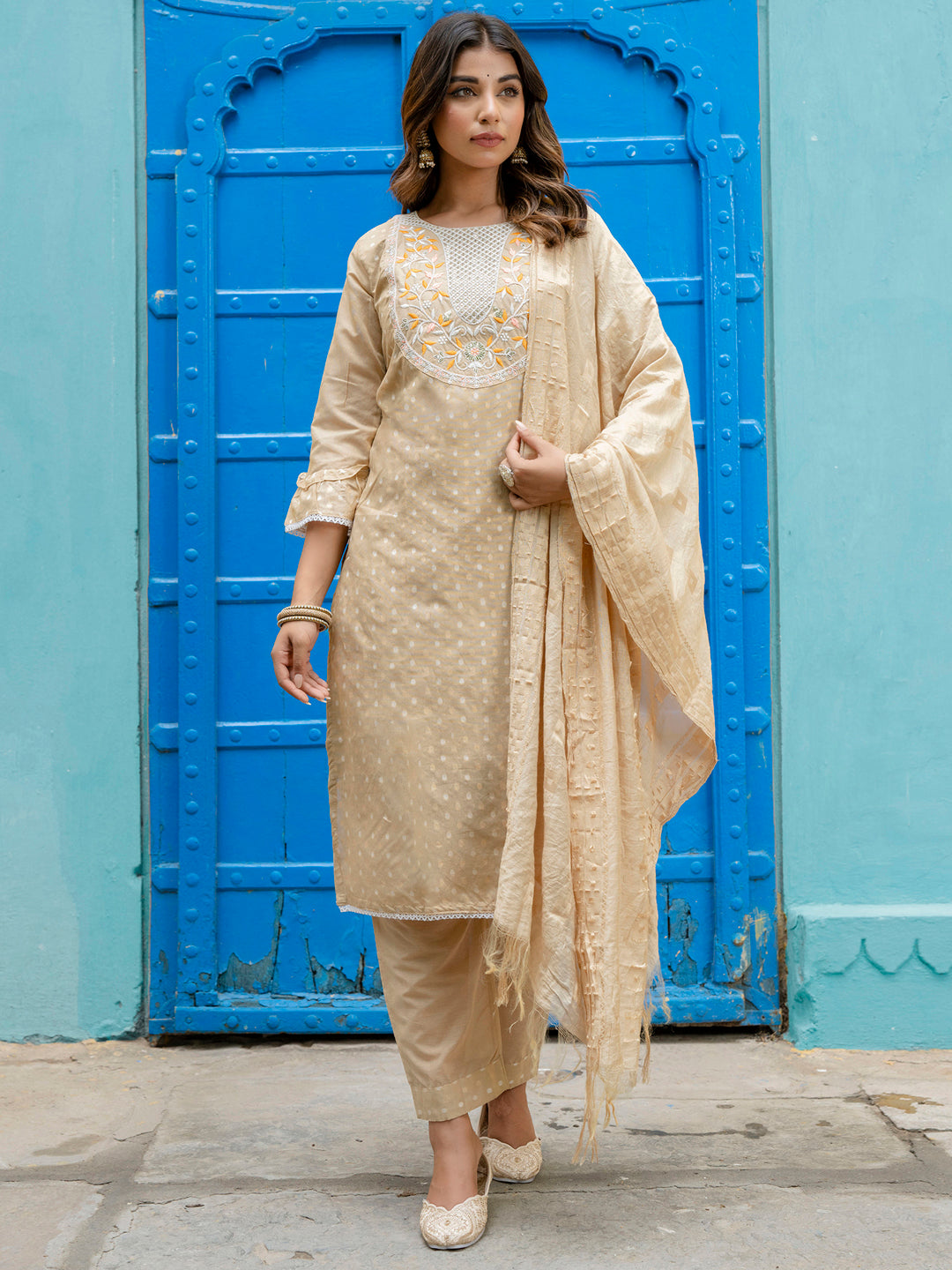 Varnika Chanderi Silk Kurta Set: Coding Embroidery, Party Wear Elegance - FitVibe Fashion