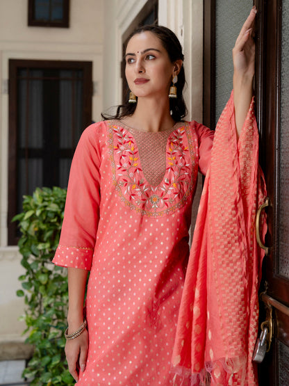 Varnika Chanderi Silk Kurta Set: Coding Embroidery, Party Wear Elegance - FitVibe Fashion