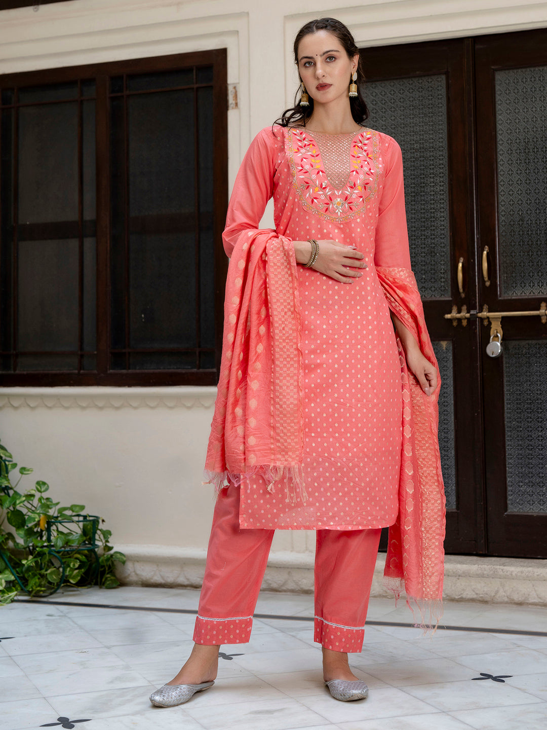 Varnika Chanderi Silk Kurta Set: Coding Embroidery, Party Wear Elegance - FitVibe Fashion