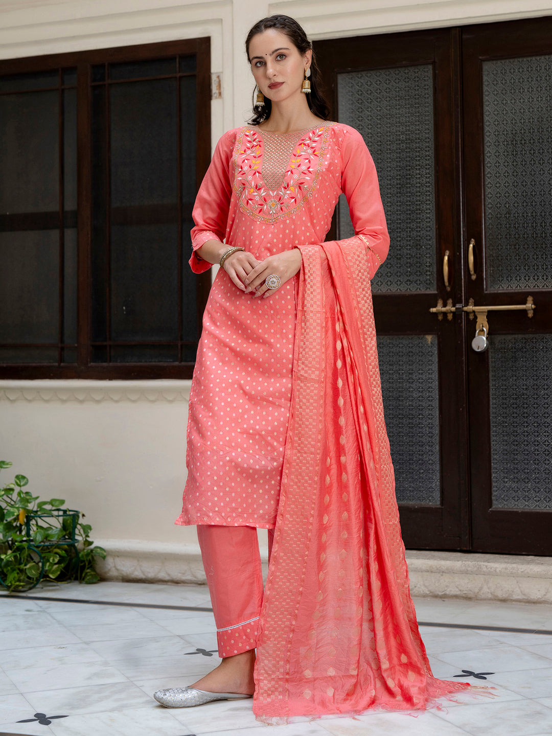 Varnika Chanderi Silk Kurta Set: Coding Embroidery, Party Wear Elegance - FitVibe Fashion