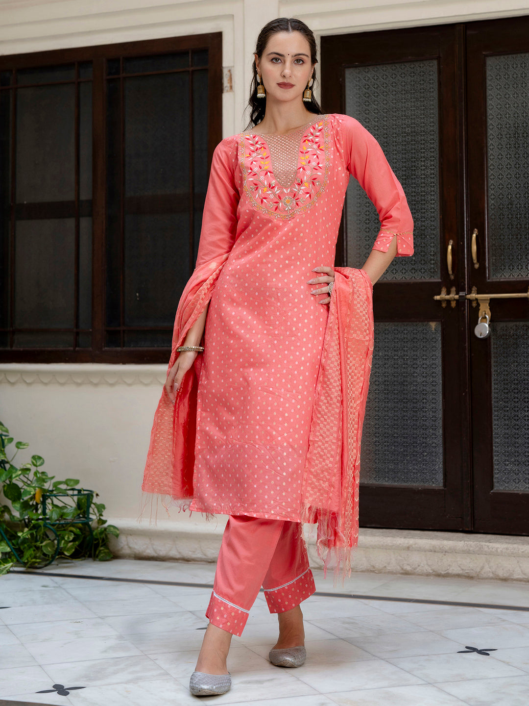 Varnika Chanderi Silk Kurta Set: Coding Embroidery, Party Wear Elegance - FitVibe Fashion