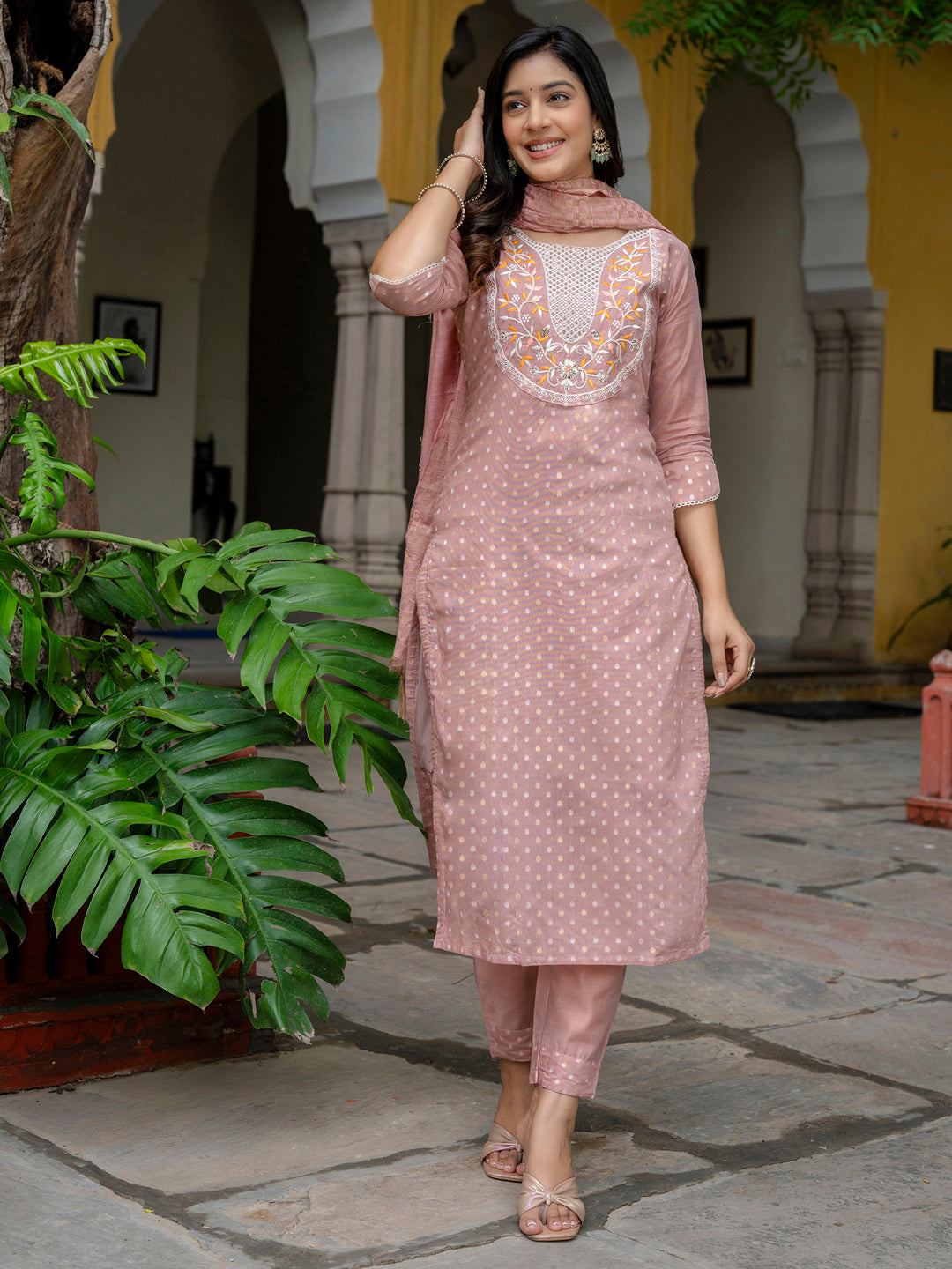 Varnika Chanderi Silk Kurta Set: Coding Embroidery, Party Wear Elegance - FitVibe Fashion