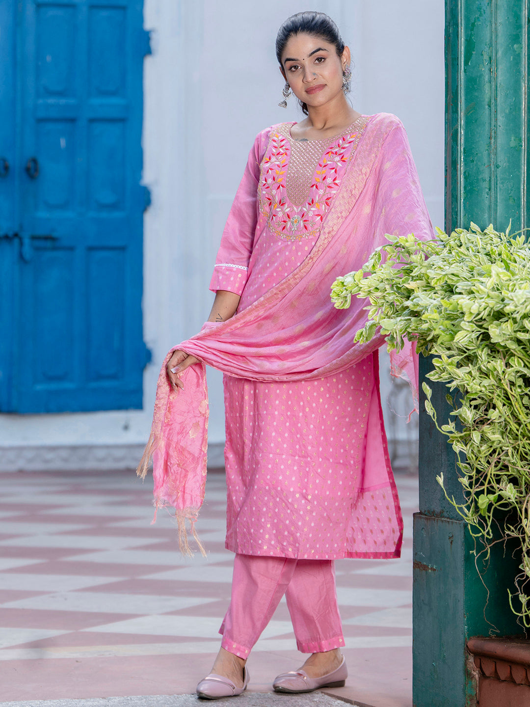Varnika Chanderi Silk Kurta Set: Coding Embroidery, Party Wear Elegance - FitVibe Fashion