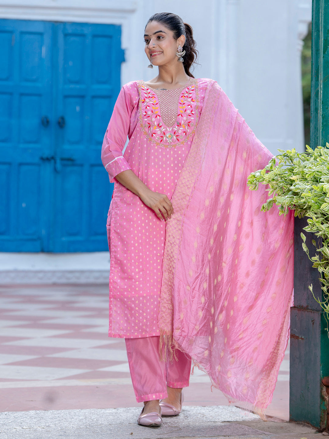 Varnika Chanderi Silk Kurta Set: Coding Embroidery, Party Wear Elegance - FitVibe Fashion