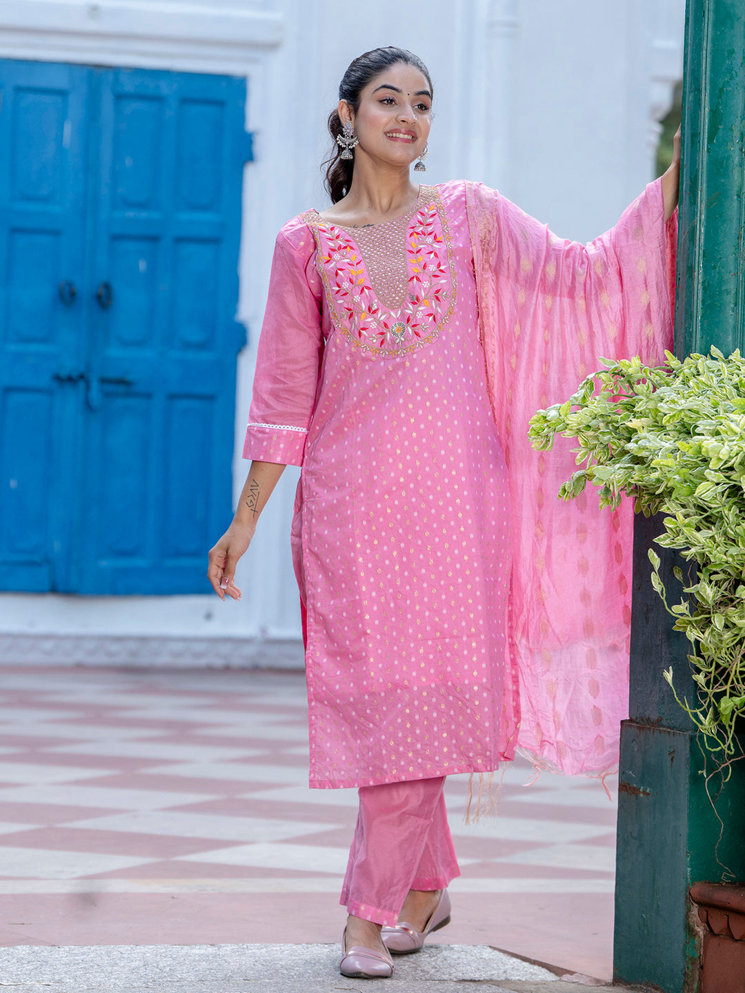 Varnika Chanderi Silk Kurta Set: Coding Embroidery, Party Wear Elegance - FitVibe Fashion