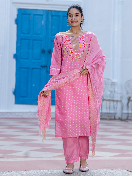 Varnika Chanderi Silk Kurta Set: Coding Embroidery, Party Wear Elegance - FitVibe Fashion