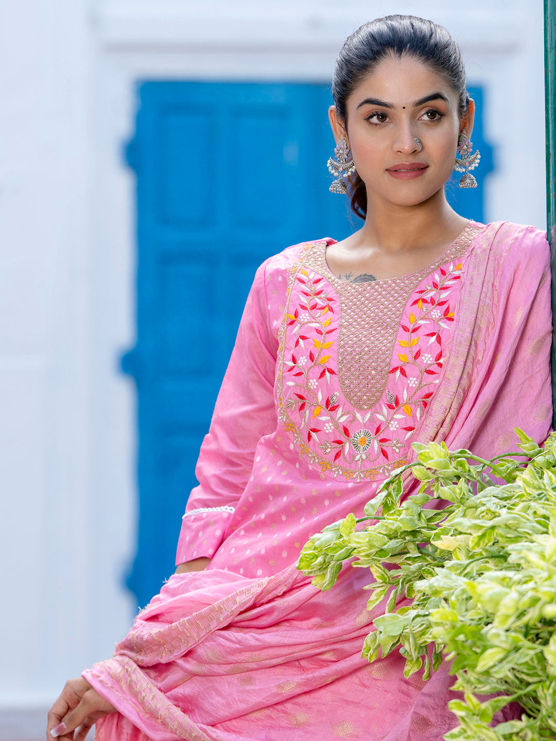 Varnika Chanderi Silk Kurta Set: Coding Embroidery, Party Wear Elegance - FitVibe Fashion