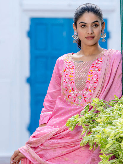 Varnika Chanderi Silk Kurta Set: Coding Embroidery, Party Wear Elegance - FitVibe Fashion