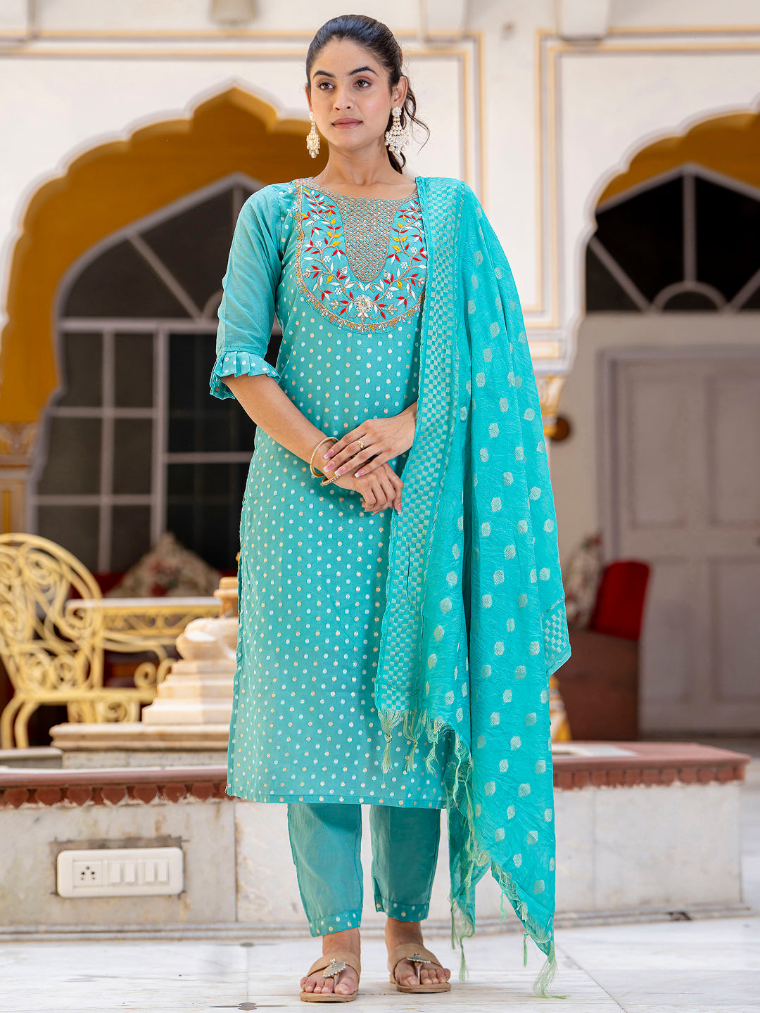 Varnika Chanderi Silk Kurta Set: Coding Embroidery, Party Wear Elegance - FitVibe Fashion