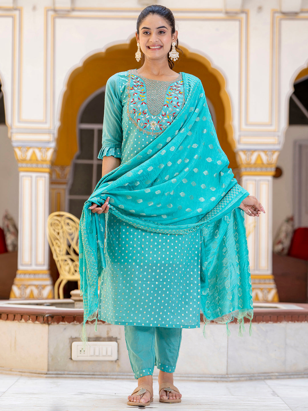 Varnika Chanderi Silk Kurta Set: Coding Embroidery, Party Wear Elegance - FitVibe Fashion