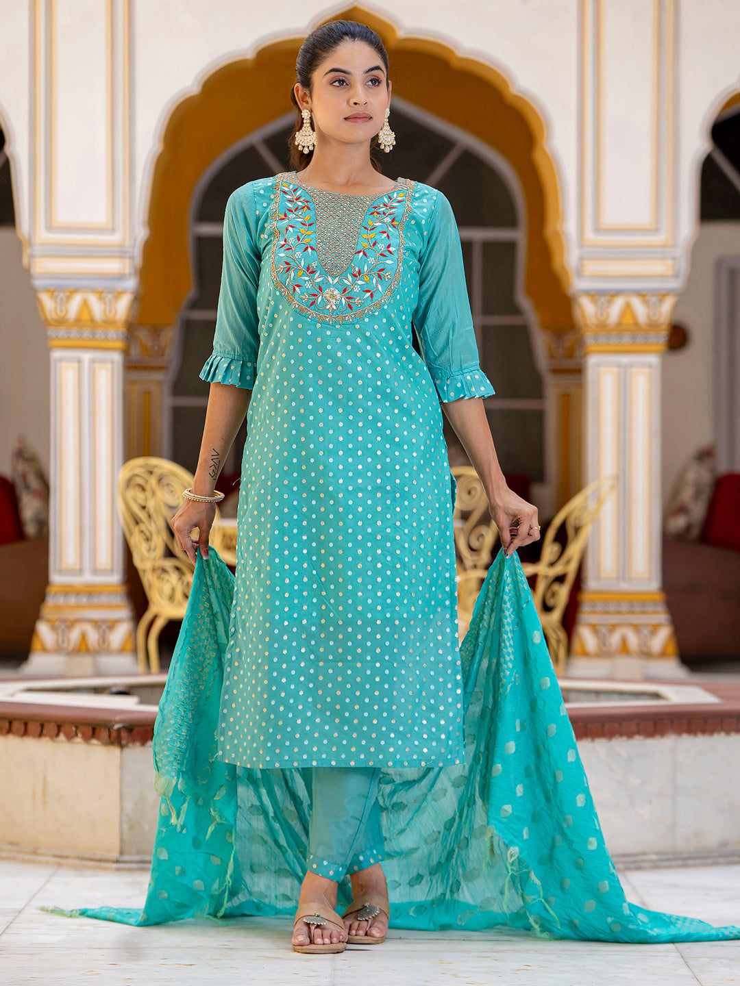 Varnika Chanderi Silk Kurta Set: Coding Embroidery, Party Wear Elegance - FitVibe Fashion