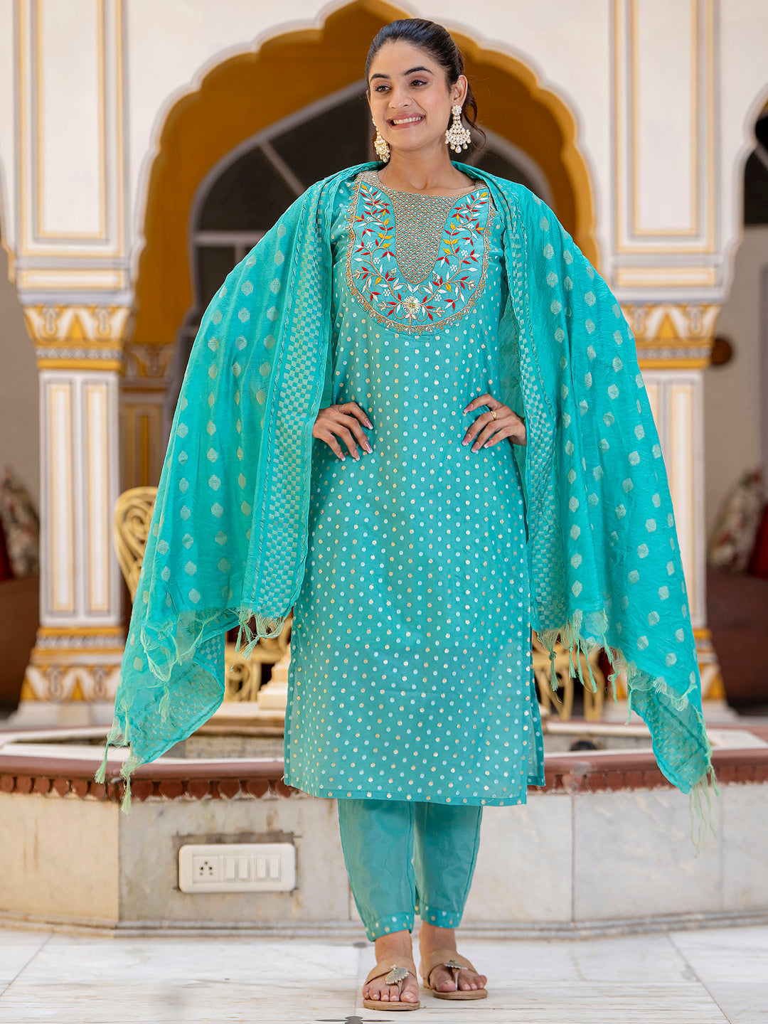 Varnika Chanderi Silk Kurta Set: Coding Embroidery, Party Wear Elegance - FitVibe Fashion