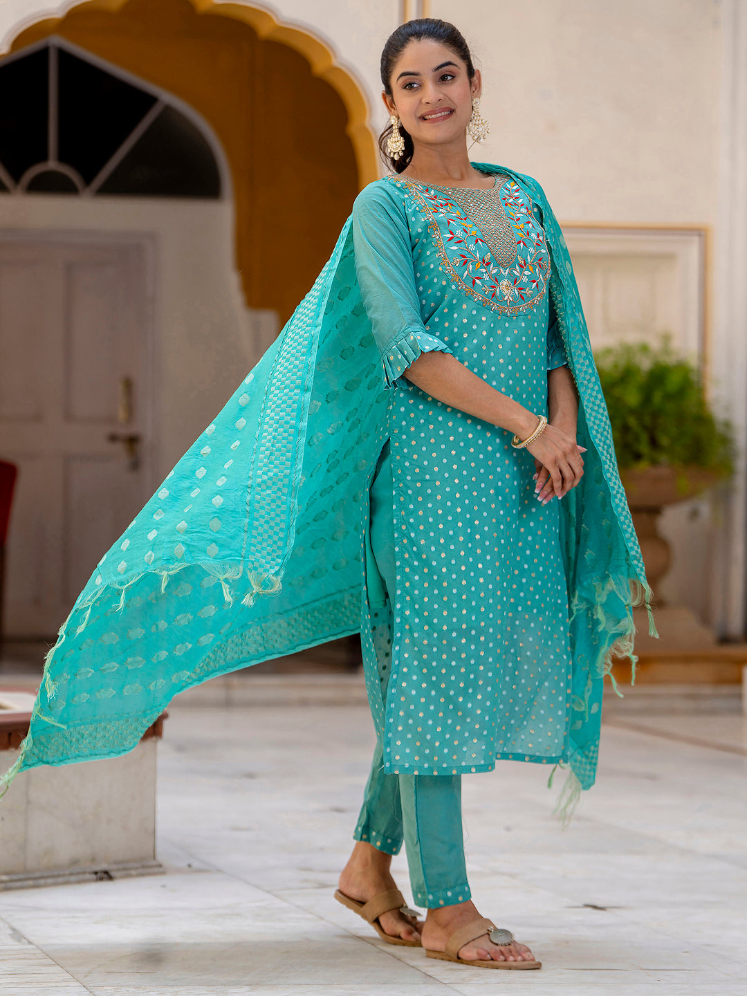 Varnika Chanderi Silk Kurta Set: Coding Embroidery, Party Wear Elegance - FitVibe Fashion