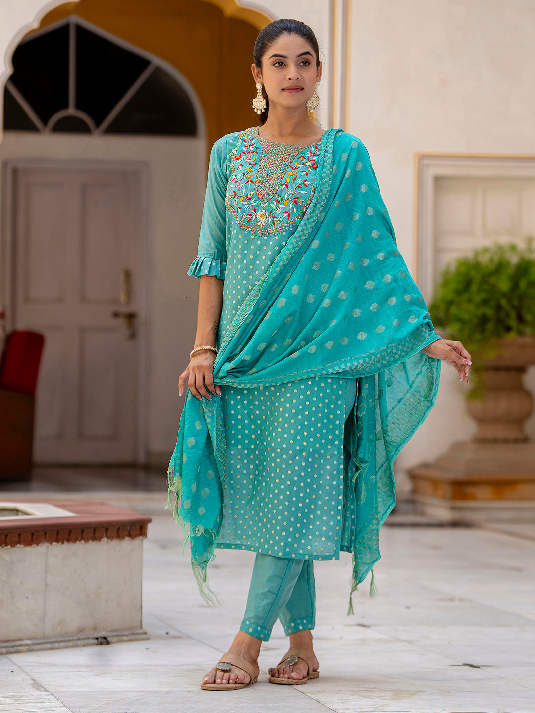 Varnika Chanderi Silk Kurta Set: Coding Embroidery, Party Wear Elegance - FitVibe Fashion