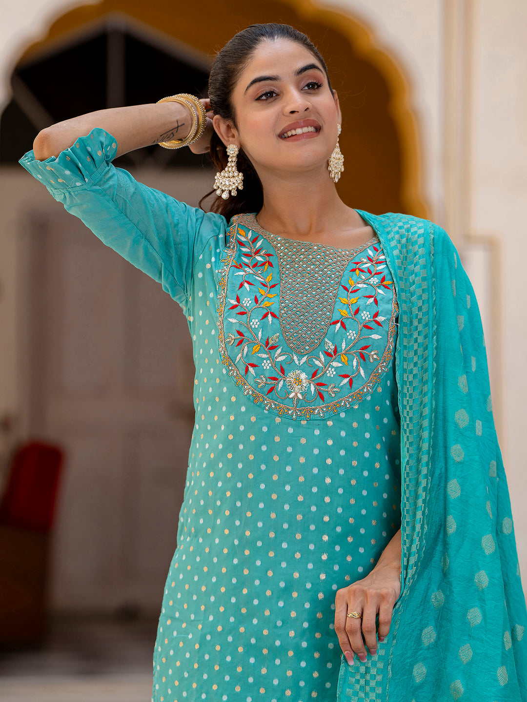 Varnika Chanderi Silk Kurta Set: Coding Embroidery, Party Wear Elegance - FitVibe Fashion