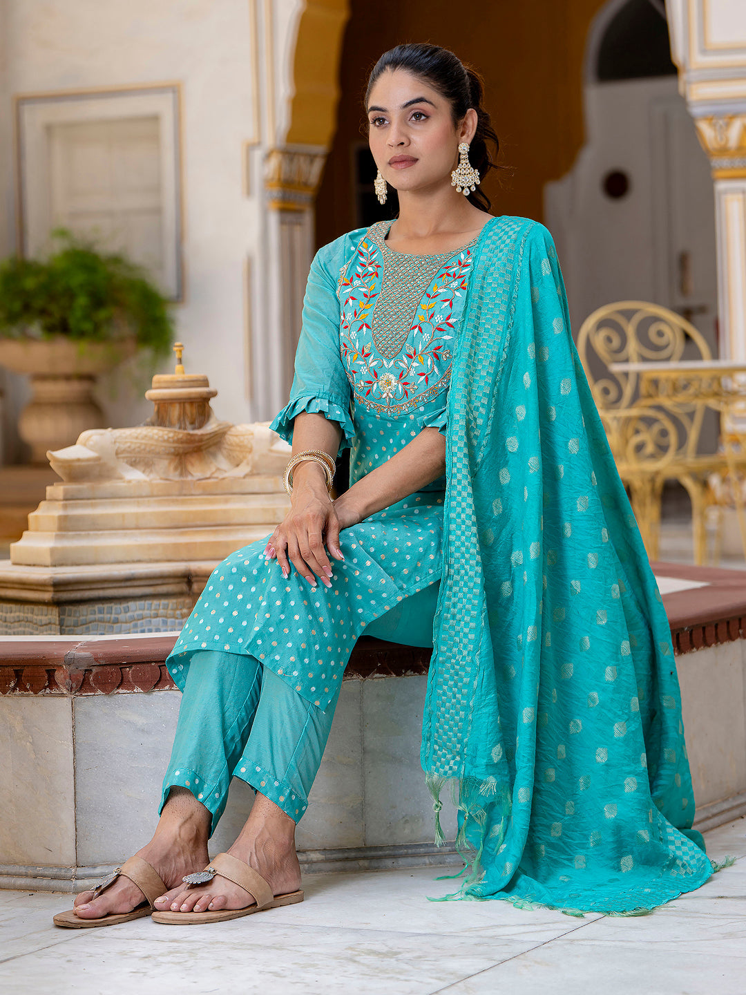Varnika Chanderi Silk Kurta Set: Coding Embroidery, Party Wear Elegance - FitVibe Fashion
