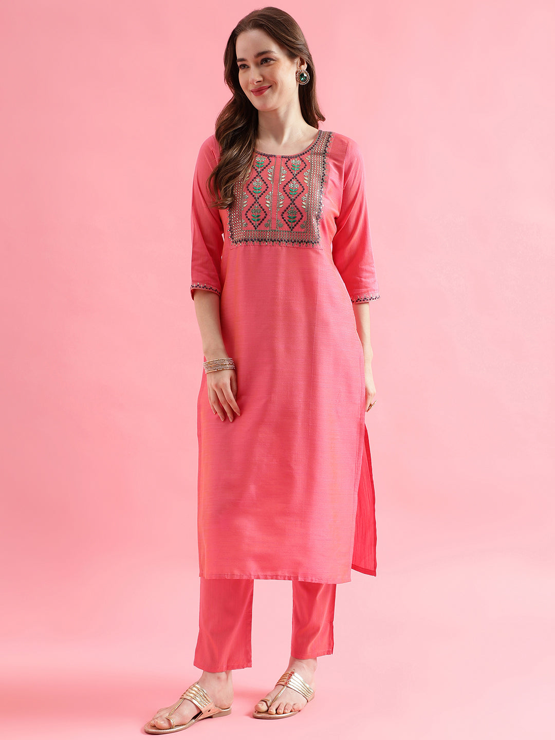 Women Kurta and Trousers Pant Set Cotton Silk Blend - FitVibe Fashion