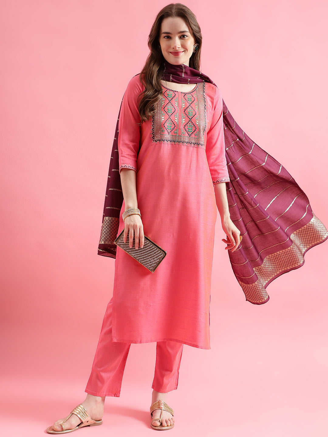 Women Kurta and Trousers Pant Set Cotton Silk Blend - FitVibe Fashion