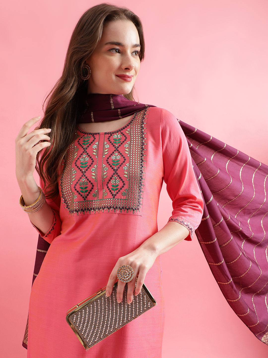 Women Kurta and Trousers Pant Set Cotton Silk Blend - FitVibe Fashion