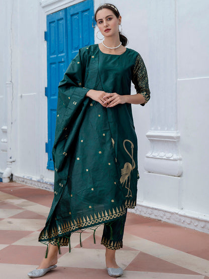 Yamini Cotton Silk Jacquard Kurta Pant with Banarasi Silk Dupatta – Elegant Ethnic 3-Piece Set for Women - FitVibe Fashion