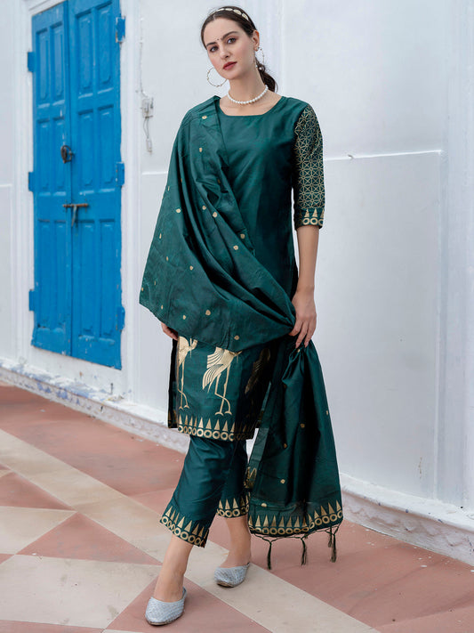 Yamini Cotton Silk Jacquard Kurta Pant with Banarasi Silk Dupatta – Elegant Ethnic 3-Piece Set for Women - FitVibe Fashion