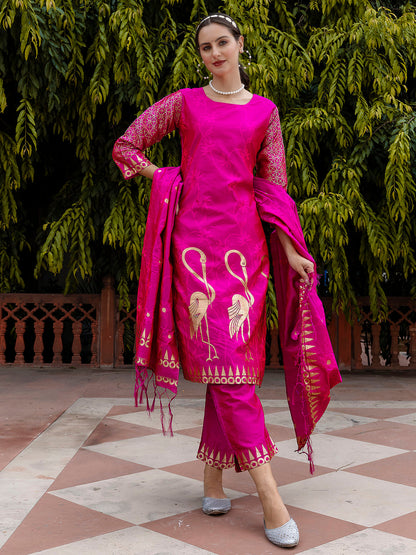 Yamini Cotton Silk Jacquard Kurta Pant with Banarasi Silk Dupatta – Elegant Ethnic 3-Piece Set for Women - FitVibe Fashion