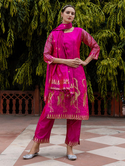 Yamini Cotton Silk Jacquard Kurta Pant with Banarasi Silk Dupatta – Elegant Ethnic 3-Piece Set for Women - FitVibe Fashion