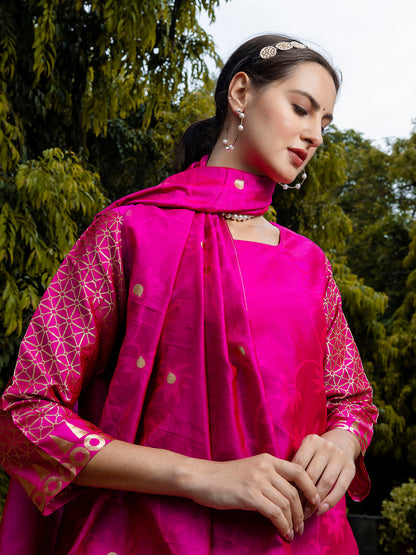 Yamini Cotton Silk Jacquard Kurta Pant with Banarasi Silk Dupatta – Elegant Ethnic 3-Piece Set for Women - FitVibe Fashion