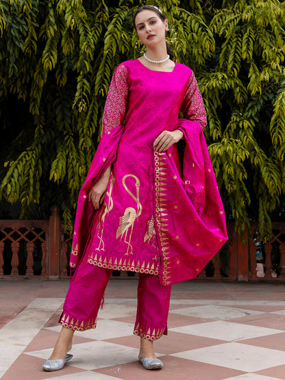 Yamini Cotton Silk Jacquard Kurta Pant with Banarasi Silk Dupatta – Elegant Ethnic 3-Piece Set for Women - FitVibe Fashion