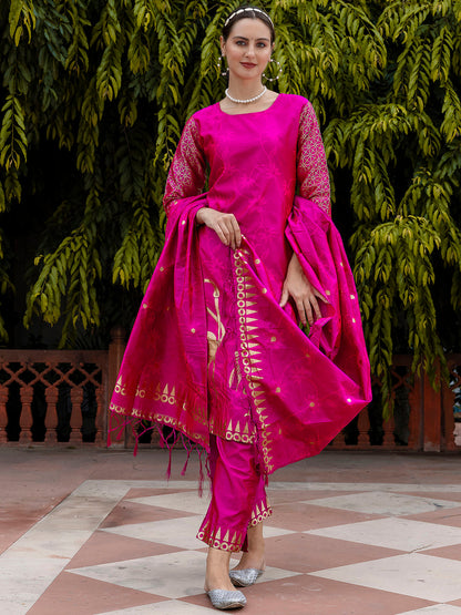 Yamini Cotton Silk Jacquard Kurta Pant with Banarasi Silk Dupatta – Elegant Ethnic 3-Piece Set for Women - FitVibe Fashion