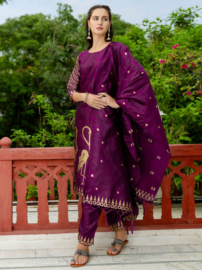 Yamini Cotton Silk Jacquard Kurta Pant with Banarasi Silk Dupatta – Elegant Ethnic 3-Piece Set for Women - FitVibe Fashion