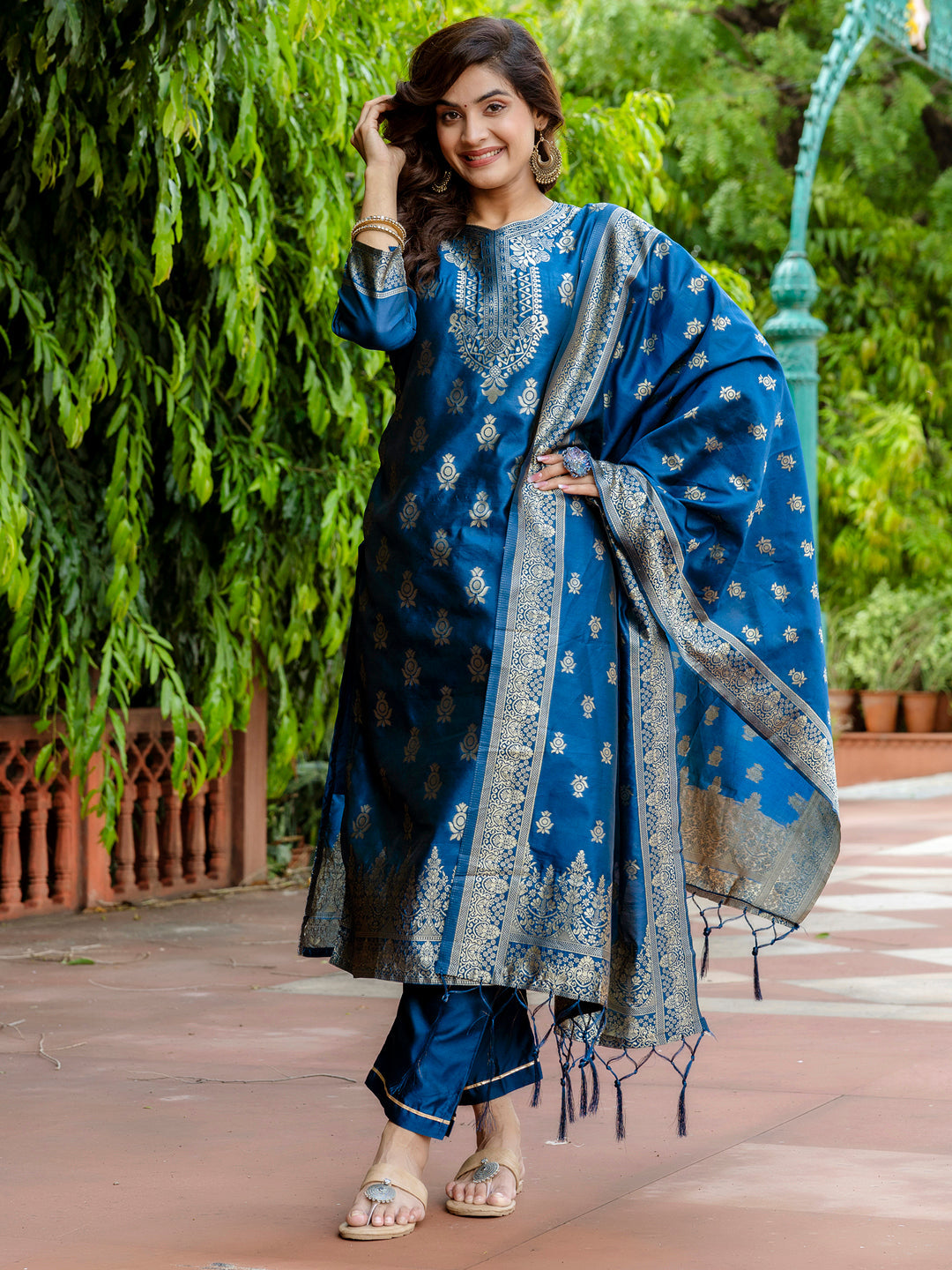 Sumiti Cotton Silk Jacquard Kurta Pant with Banarasi Dupatta – Stylish Party Wear Ethnic Ensemble for Women - FitVibe Fashion