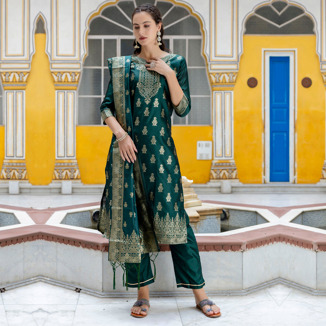Sumiti Cotton Silk Jacquard Kurta Pant with Banarasi Dupatta – Stylish Party Wear Ethnic Ensemble for Women - FitVibe Fashion