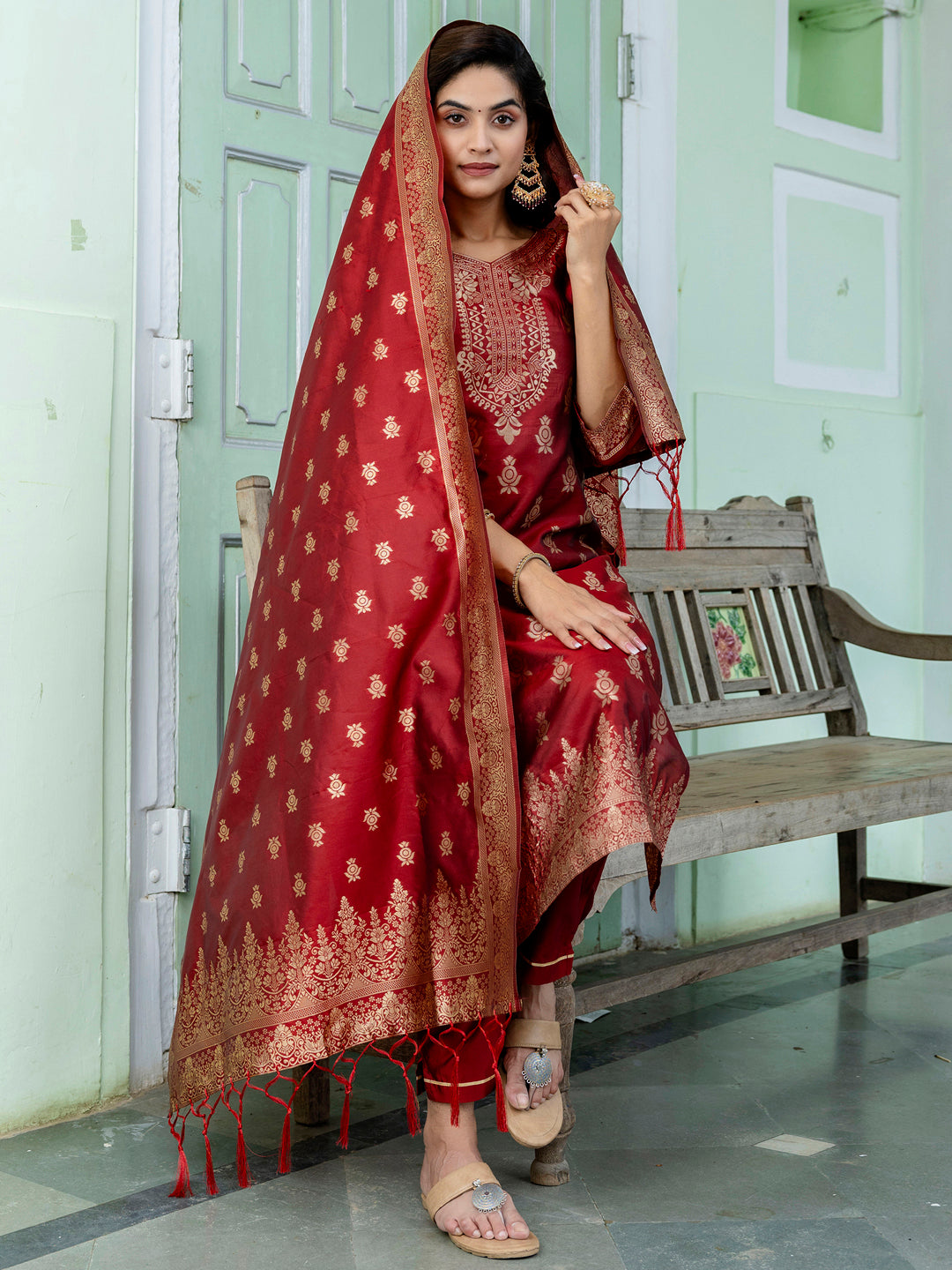 Sumiti Cotton Silk Jacquard Kurta Pant with Banarasi Dupatta – Stylish Party Wear Ethnic Ensemble for Women - FitVibe Fashion