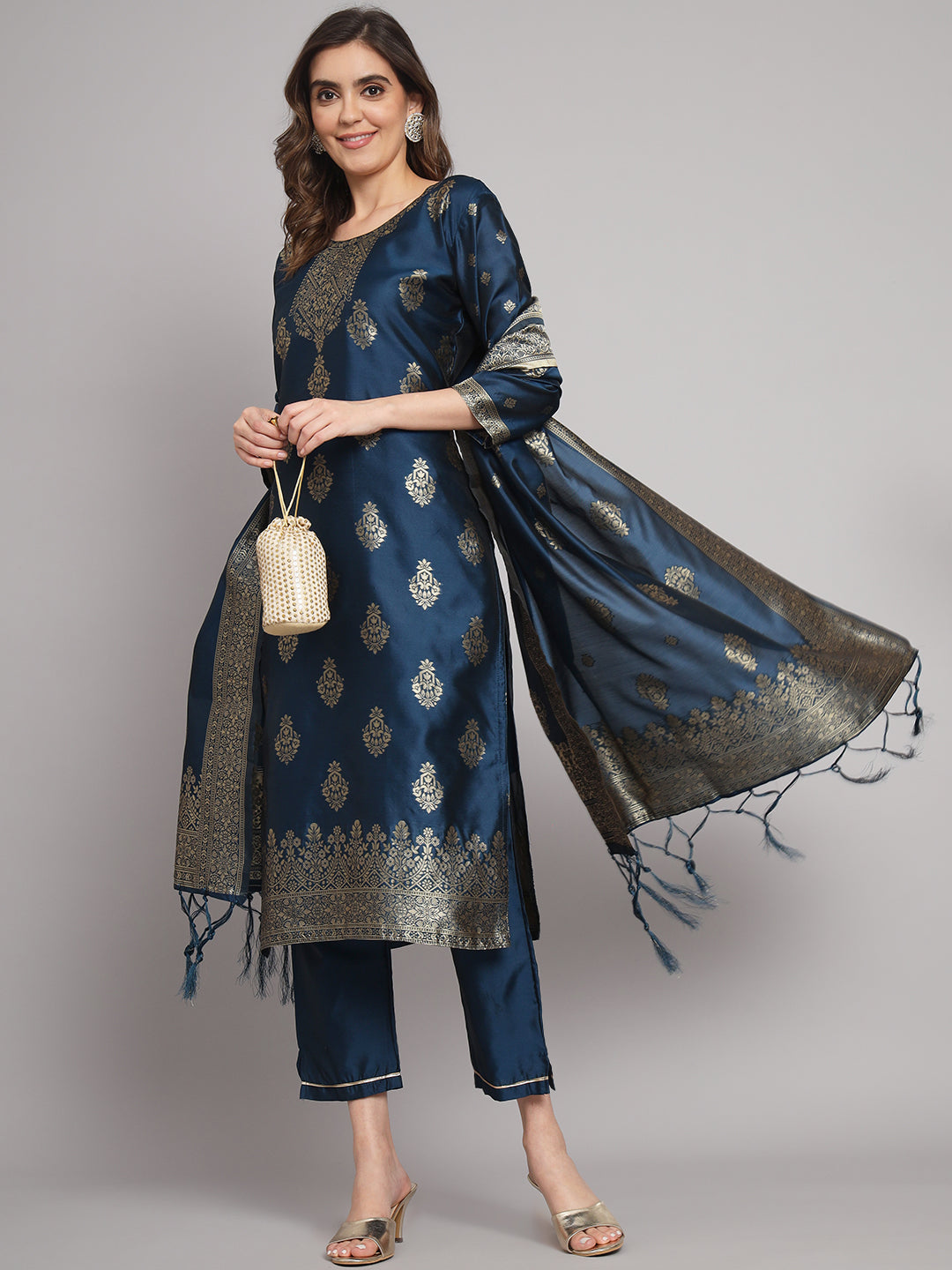 Vishwa Blue Silk Round-Neck Blossom Woven Kurta With Pant Sets - FitVibe Fashion