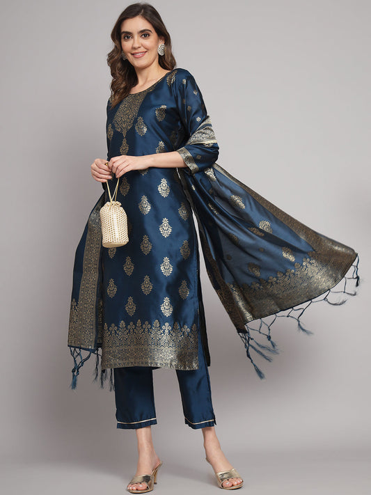 Vishwa Blue Silk Round-Neck Blossom Woven Kurta With Pant Sets - FitVibe Fashion
