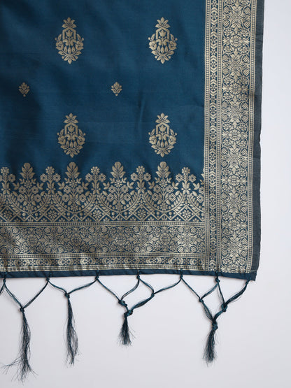 Vishwa Blue Silk Round-Neck Blossom Woven Kurta With Pant Sets - FitVibe Fashion