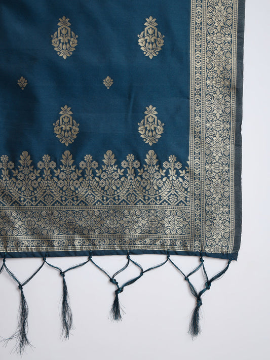 Vishwa Blue Silk Round-Neck Blossom Woven Kurta With Pant Sets - FitVibe Fashion