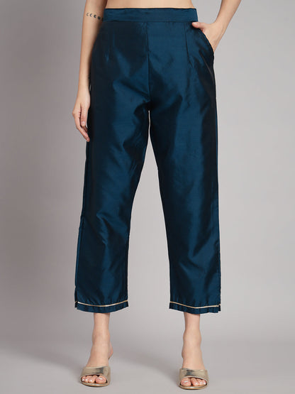 Vishwa Blue Silk Round-Neck Blossom Woven Kurta With Pant Sets - FitVibe Fashion