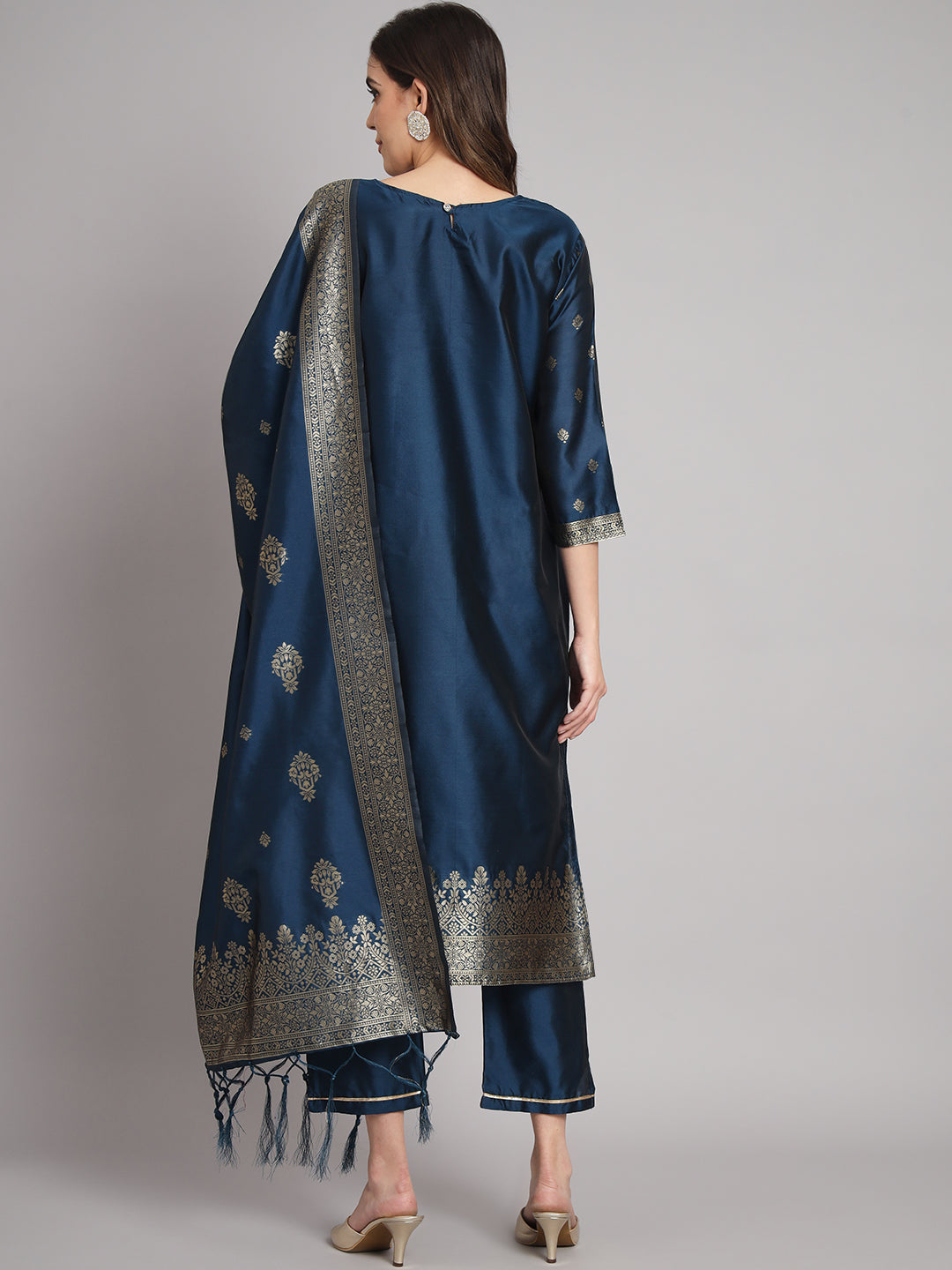 Vishwa Blue Silk Round-Neck Blossom Woven Kurta With Pant Sets - FitVibe Fashion