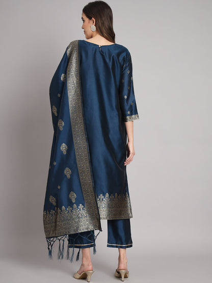 Vishwa Blue Silk Round-Neck Blossom Woven Kurta With Pant Sets - FitVibe Fashion