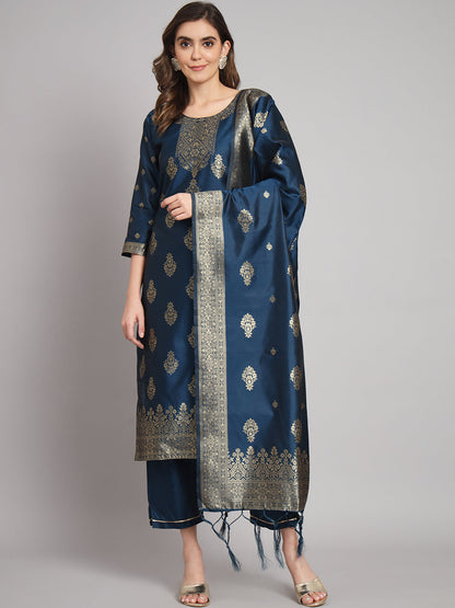 Vishwa Blue Silk Round-Neck Blossom Woven Kurta With Pant Sets - FitVibe Fashion