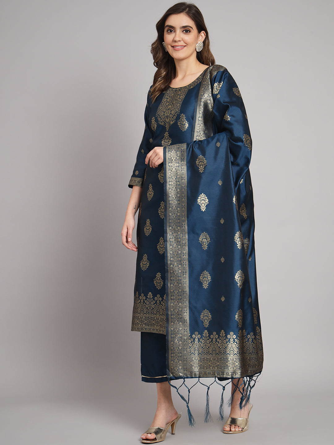 Vishwa Blue Silk Round-Neck Blossom Woven Kurta With Pant Sets - FitVibe Fashion