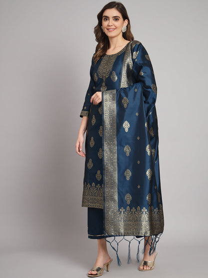 Vishwa Blue Silk Round-Neck Blossom Woven Kurta With Pant Sets - FitVibe Fashion
