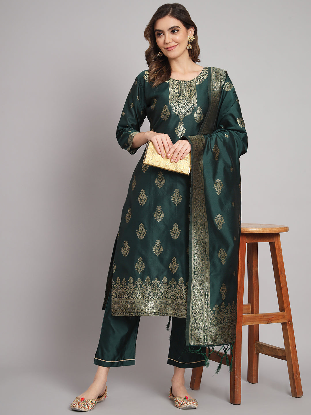 Vishwa Green Silk Round-neck Blossom Woven Kurta With Pant Suits - FitVibe Fashion