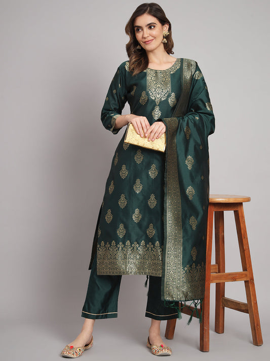 Vishwa Green Silk Round-neck Blossom Woven Kurta With Pant Suits - FitVibe Fashion