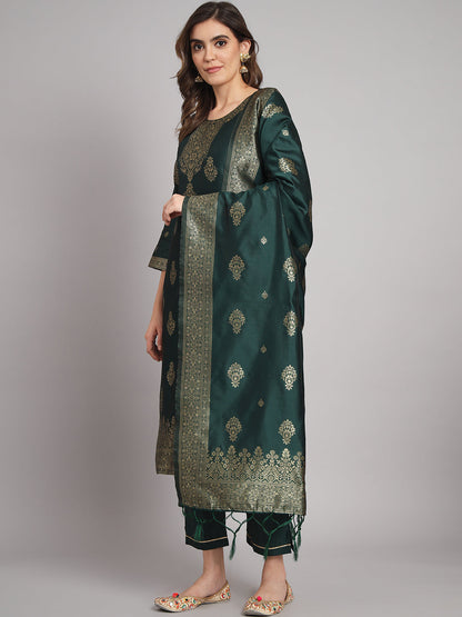 Vishwa Green Silk Round-neck Blossom Woven Kurta With Pant Suits - FitVibe Fashion