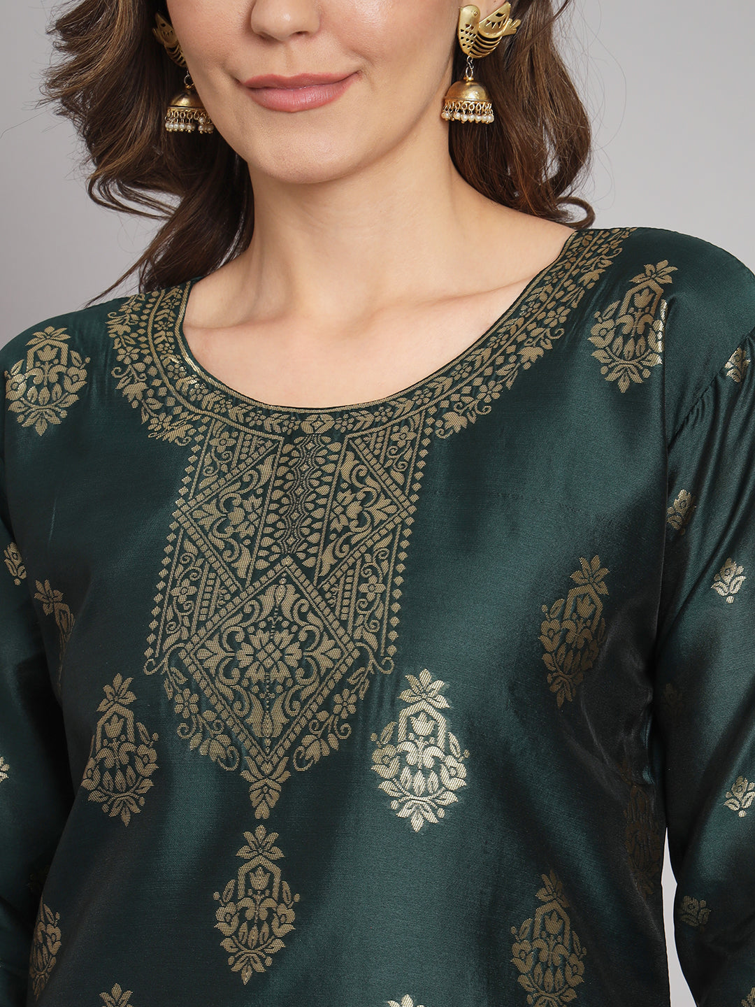 Vishwa Green Silk Round-neck Blossom Woven Kurta With Pant Suits - FitVibe Fashion