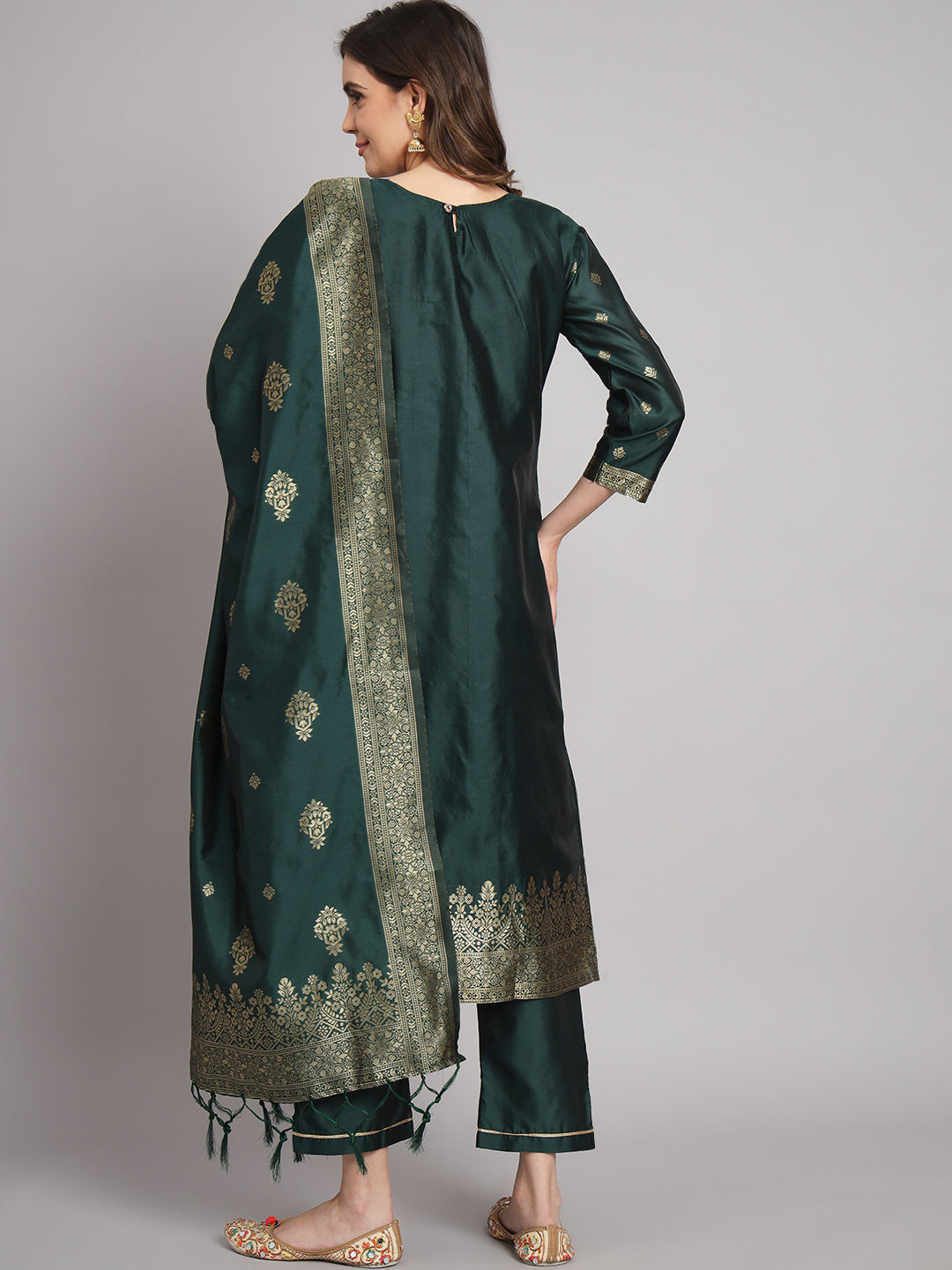 Vishwa Green Silk Round-neck Blossom Woven Kurta With Pant Suits - FitVibe Fashion